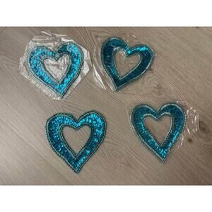 New Teal Blue Sequin Beaded Cut Out Heart Appliqué Patch 4.5” - Lot of 4